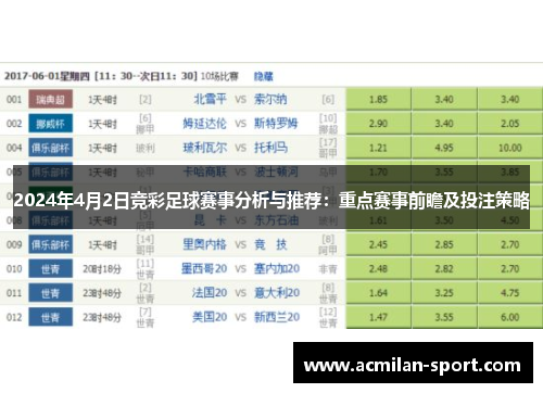 2024年4月2日竞彩足球赛事分析与推荐：重点赛事前瞻及投注策略
