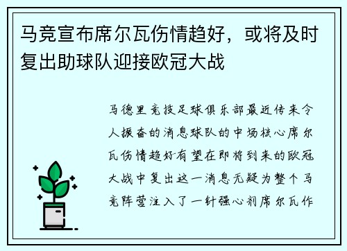 马竞宣布席尔瓦伤情趋好，或将及时复出助球队迎接欧冠大战